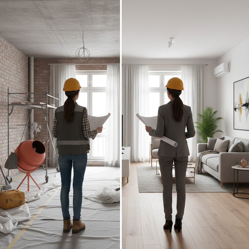 architetto donna di spalle all'interno di un appartamento in ristrutturazione, si vede elmetto e ha in mano carte nell'altra metà dell'immagine l'appartamento è terminato, immagine divisa a metà (metà in ristrutturazione metà ristrutturata)